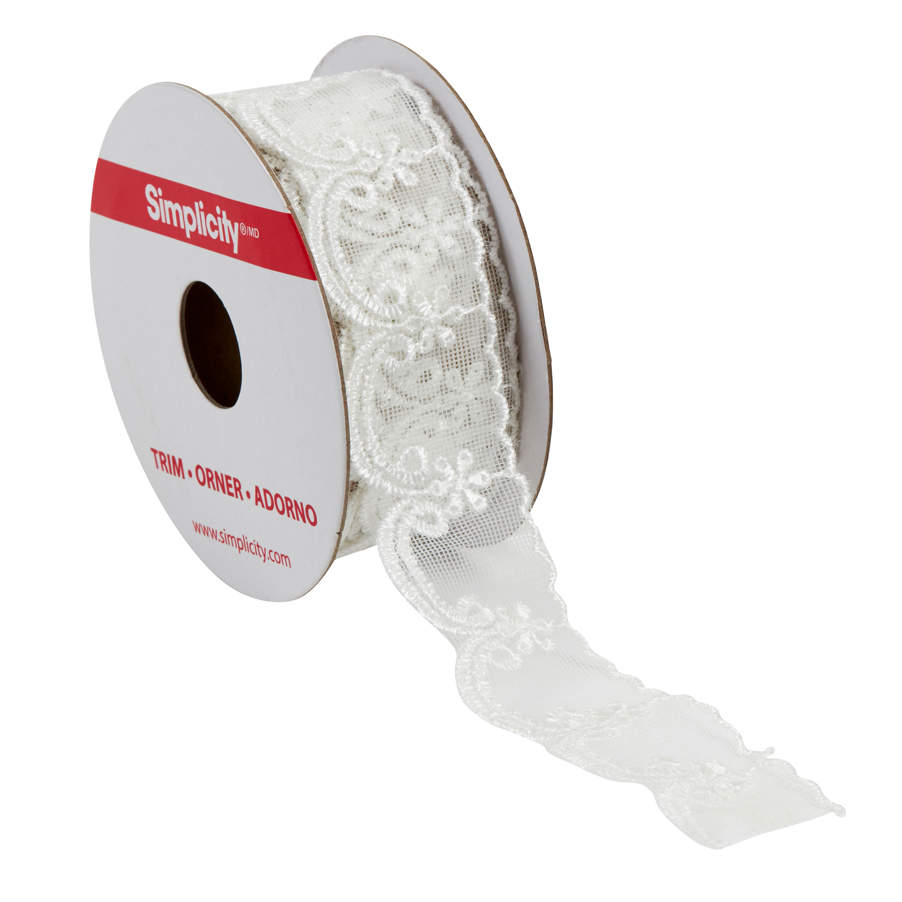 Simplicity Trim, White 1 1/4 inch Embroidered Lace Mesh with
